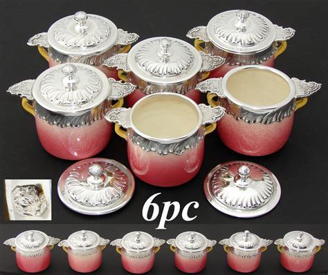 Fab Antique French Stelring Silver And Pink Pottery 6pc Pot De Creme Set