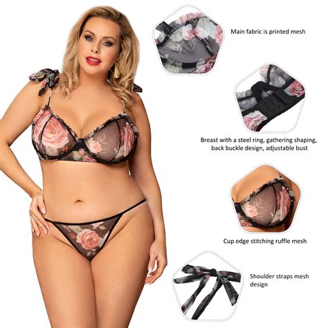 Shop Mesh Floral Plus Size Custom Lingerie Sets For Women