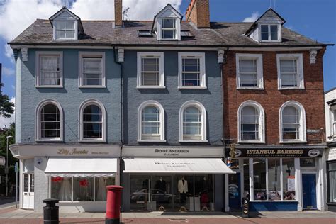 EAST GRINSTEAD, WEST SUSSEX, UK - JULY 1. View of shops in East
