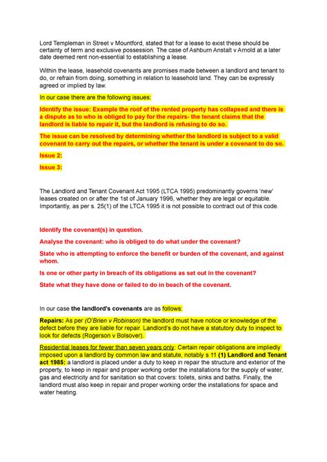 A essay leashold covenants - Lord Templeman in Street v Mountford