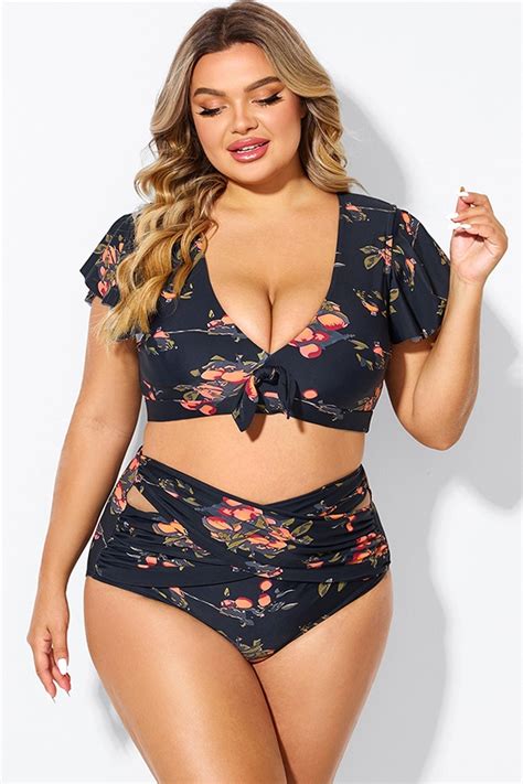 Floral Print Flutter Sleeve Elegant Swim Bikini Top Meet Curve Meet Curve