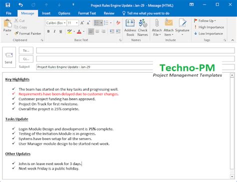 Project Status Update Email Sample 10 Templates And Examples Techno Pm Project Management