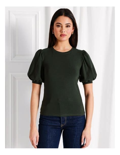 Tokito Puff Sleeve Organic Cotton Blend Tee In Dark Green Myer