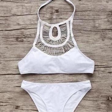 Cute Hollow Holes Two Piece Black Bellyband Bikini High Neck Hollow Halter Bikini On Luulla