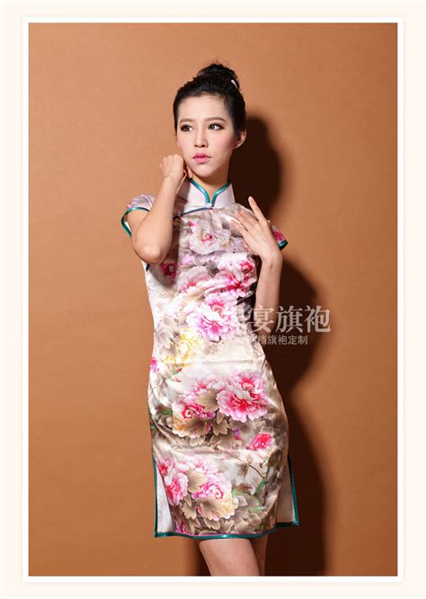 Custom Made Wonderful Poney Flowers Silk Cheongsam Qipao Dress Qipao