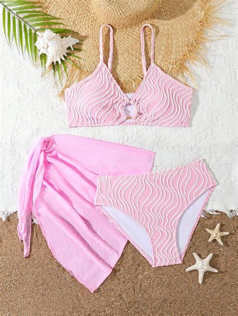 Teen Girl Round Buckle Swimsuit Set Including Bra Bikini Bottom And Tie Waist Bikini Skirt For
