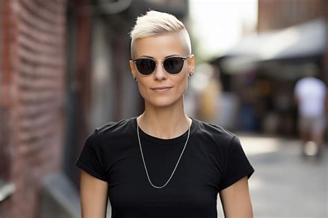 Premium AI Image A Shaved 3035 Year Old White Blond Lesbian Wearing A Black Tshirt In The