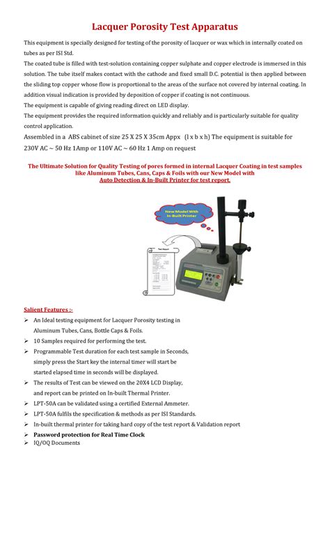 Porosity Detector - Lacquer Porosity Test Apparatus This equipment is