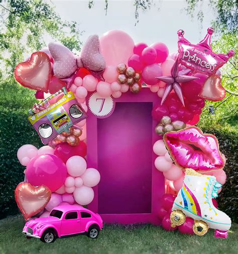 Hot Pink And Rose Gold Balloon Garland Arch Kit Pcs With Mylar Crown Ball Balloon Roller