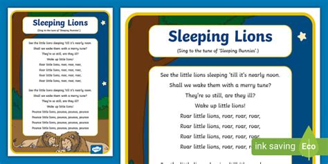 Sleeping Lions Nursery Rhyme Poster (teacher made) - Twinkl