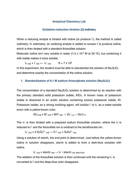 Solution Analytical Chemistry Lab Oxidation Reduction Titration