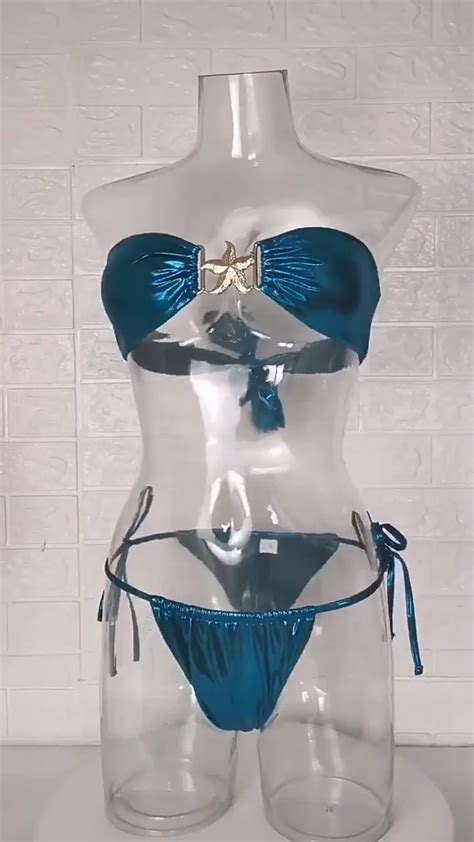Starfish Mental Royal Blue Metallic Swimsuit Sexy Bandeau Brazilian Bikini Set Women Luxury