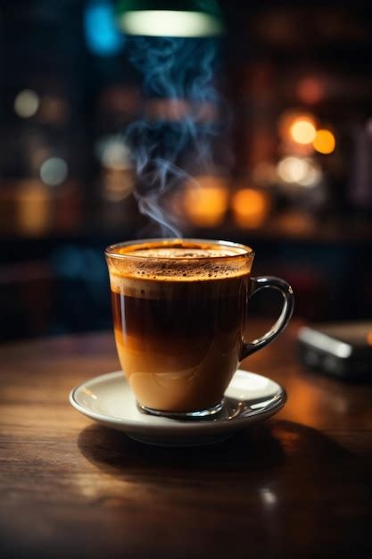 Premium AI Image A Glass Of Hot Coffee On Wooden Table