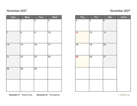 November 2027 Calendar On Two Pages