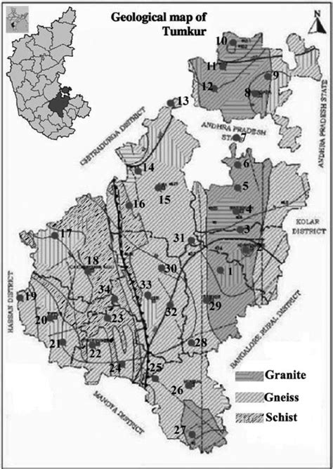geological map  tumkur district showing  sampling locations