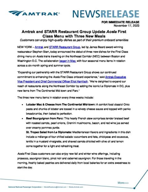 Amtrak and STARR Restaurant Group Update Acela First Class Menu with ...