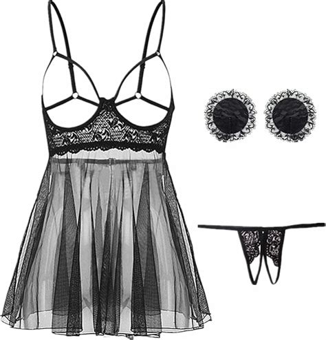 Hotso Women Lingerie Babydoll Nightgown For Sex Mini Chemise Cut Out Mesh Lingerie Teddy