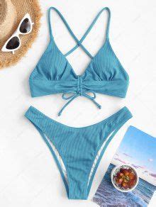 ZAFUL Ribbed Cinched Lace Up Brazilian Bikini Swimwear In BLUE ZAFUL