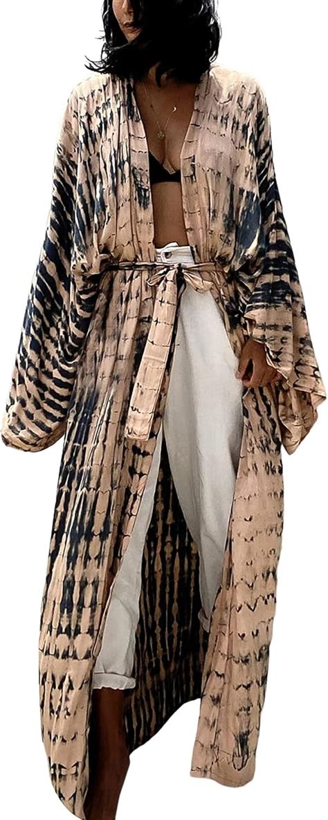 Women S Long Beach Kimono Cardigan Open Front Bikini Swimsuit Belted Long Sleeve Loose Bikini