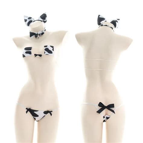 KAWAII COW PRINT Bikini Suit Girl Sexy Sleepwear Women Cosplay Headwear Stocking 11 19