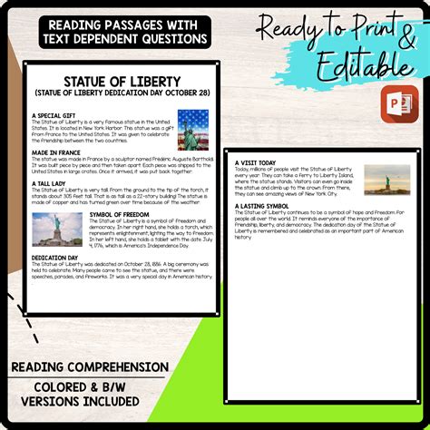 Third Grade Statue Of Liberty Comprehension Packet 9