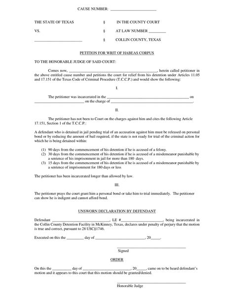 Collin County Texas Petition For Writ Of Habeas Corpus Fill Out