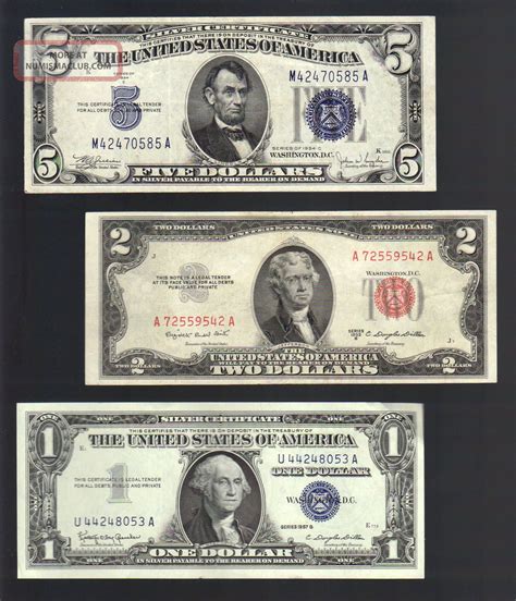 Old Money $1 & $5 Silver Blue Seal Certificates, 2 Dollar Bill Red Seal
