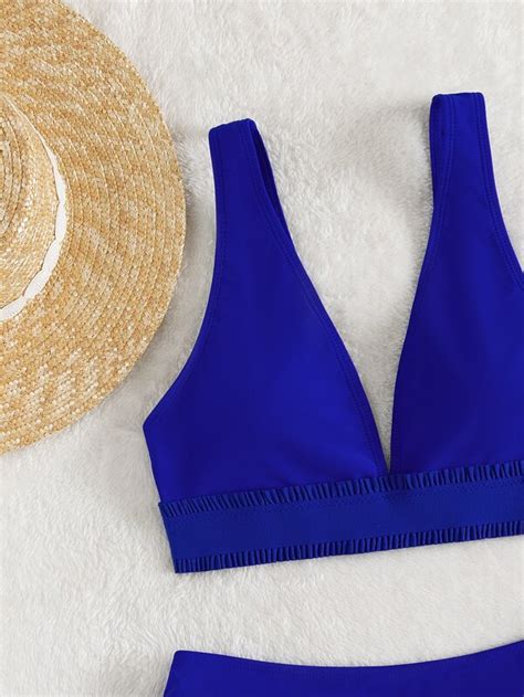SHEIN Swim Vcay Solid Bikini Set Frill Trim Tank Bra Bikini Bottom 2 Piece Bathing Suit