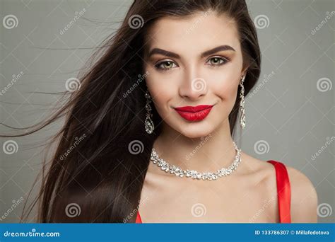 Smiling Brunette Woman With Jewelry Diamond Necklace Stock Image Image Of Beautiful Brown