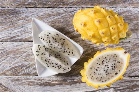 Yellow Pitahaya Dragon Fruit On Wooden Stock Image Image Of Health