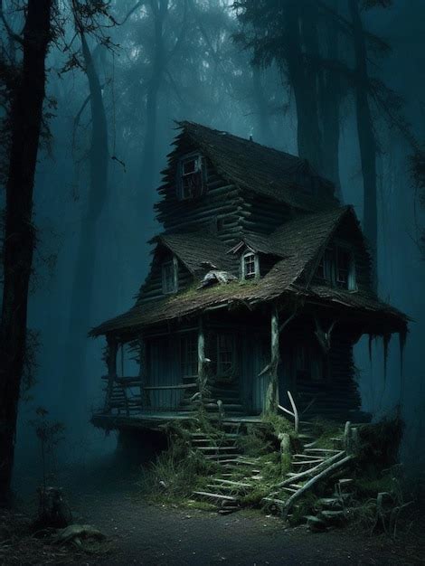 Premium AI Image Creepy Cabin In A Haunted Forest