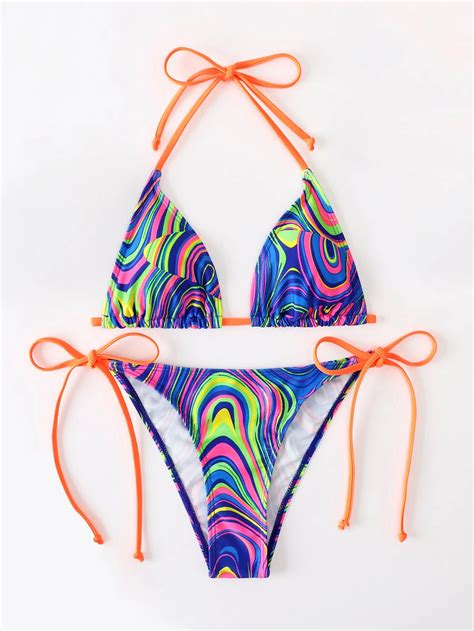 Bañador bikini triángulo halter con patrón de fluido Azul eléctrico