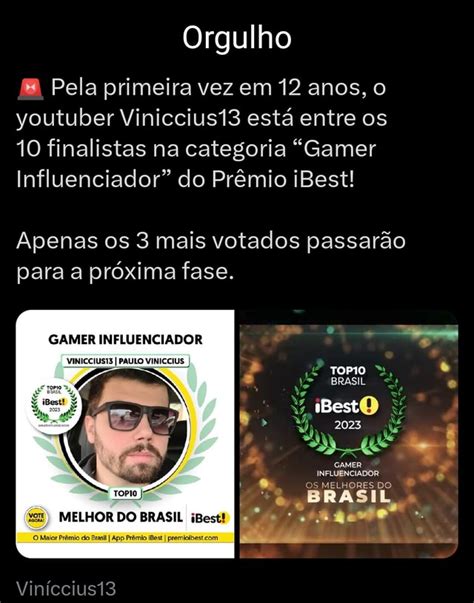 Orgulho Pela primeira vez em 12 anos o youtuber Viniccius13 está entre