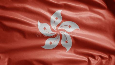 Hongkong Flag Waving In The Wind Close Up Of Hong Kong Banner Blowing