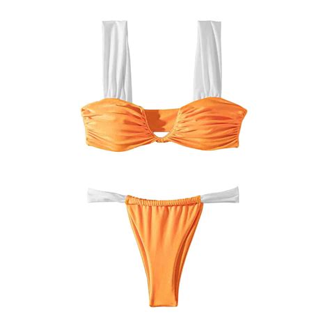 YDKZYMD Women High Waisted 2 Piece Bikini Set Cheeky High Cut Bandeau Swimsuit Orange M