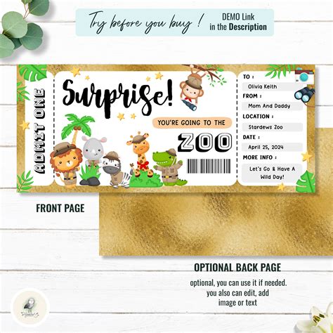 Surprise Zoo Ticket, Printable Zoo Ticket, Gold Zoo Coupon, Gift Ticket