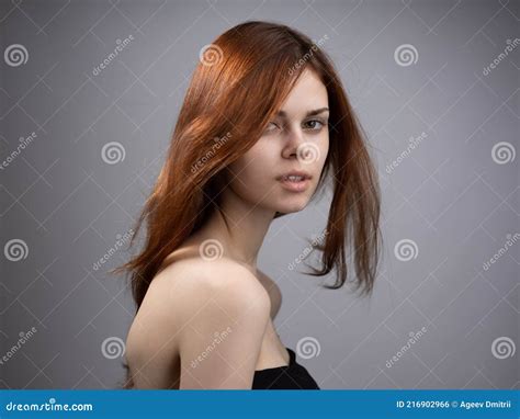 Fashionable Woman With Red Hair Naked Shoulders Side View Stock Photo Image Of Cute Color