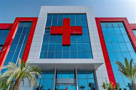 New Modern Private Hospital Building Outside With Red Cross Premium