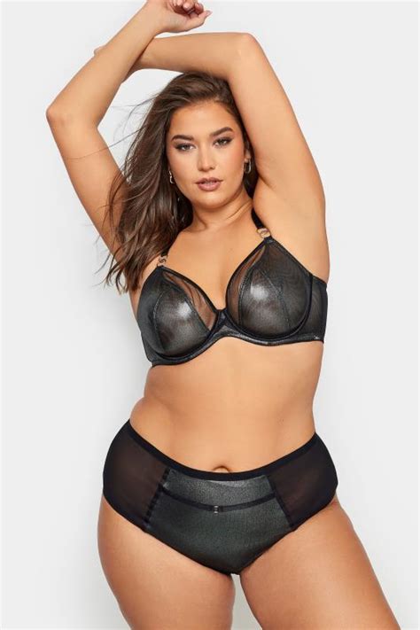 Yours Plus Size Black Shimmer Mesh Full Briefs Yours Clothing