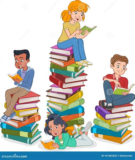 Teenagers Reading Books. Students Over Piles of Books Stock Vector