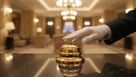 luxury hotel reception bell pressed  gloved staff hand representing