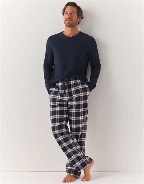 Mens Organic Brushed Cotton Navy Check Pyjama Bottoms Clothing Sale