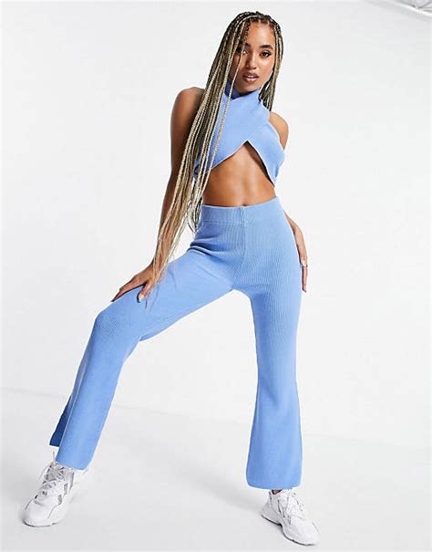 Asos Design Co Ord Knitted Flare Trousers In Blue Mblue Asos