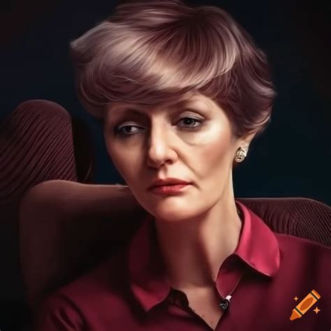 Mature Woman Relaxing On An Armchair In A Burgundy Silk Polo Collar T Shirt