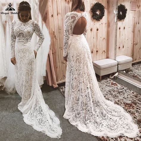 Beach Bohemian Long Sleeve Lace Mermaid Boho Wedding Dress For Women