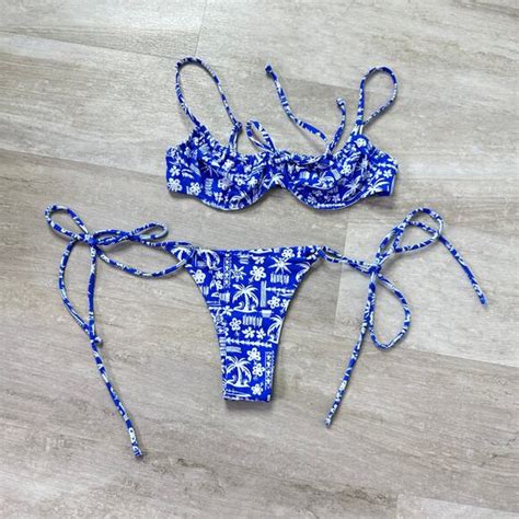 Kulani Kinis Swim Kulani Kinis Caribbean Blues Bikini Ruched Underwire Top Thong Tie Side