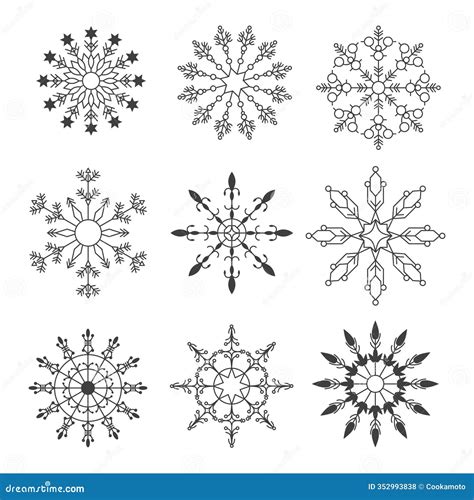 Vector Set Of Snowflakes In Linear Style. Ð¡ollection Of White Snowflakes On Blue Background