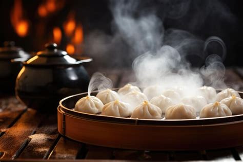 Premium Photo Closeup Of Steaming Hot Dumplings On A Wooden Table