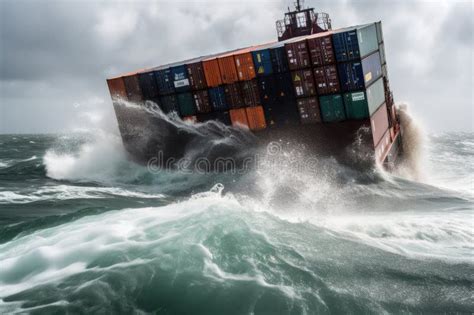 Wrecked Cargo Ship With Conatiners In Stormy Sea With Large Waves