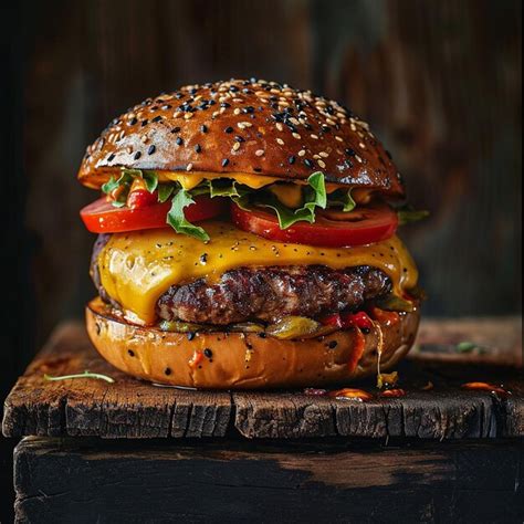 Premium Photo Juicy Burger On Wooden Table Lively And Masculine